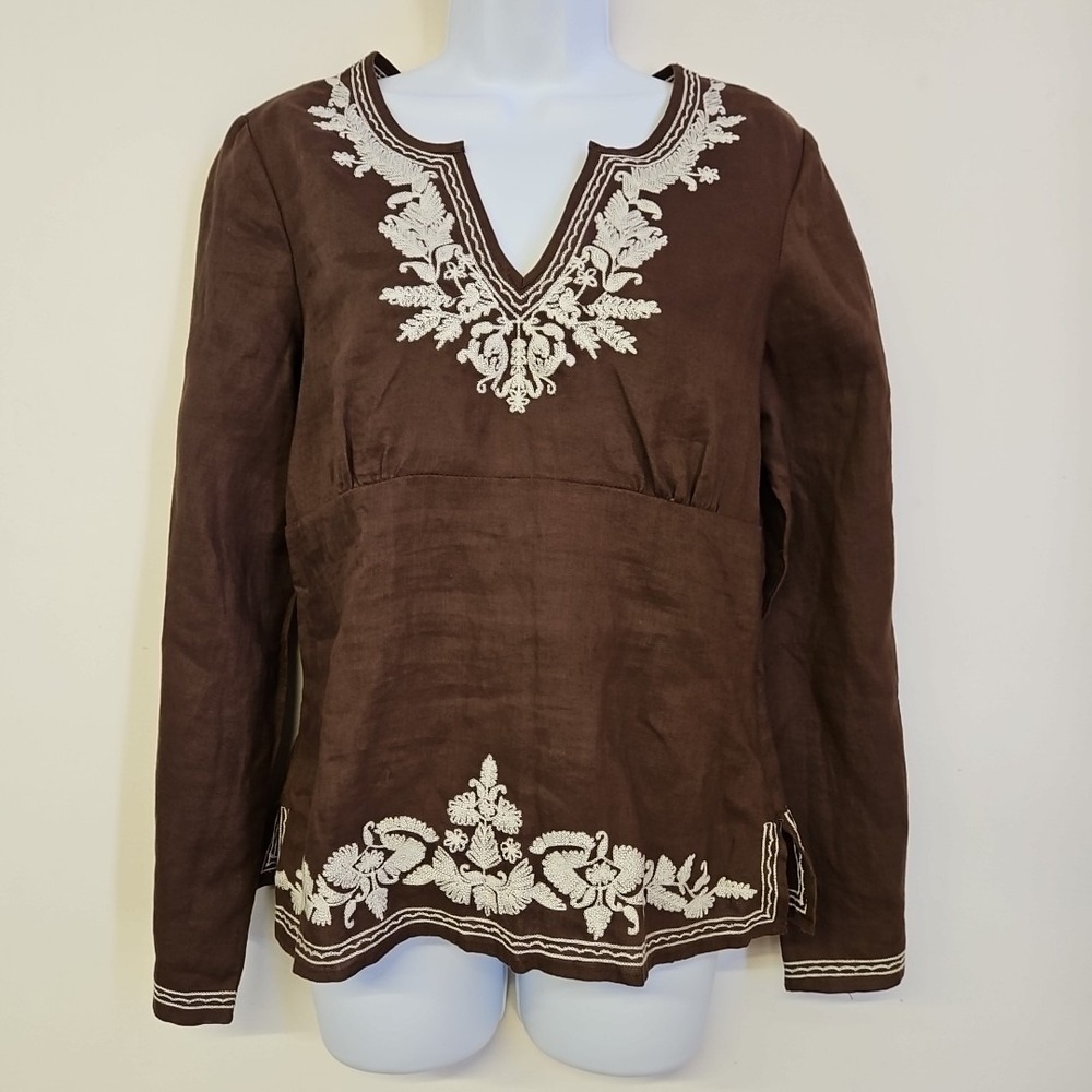 Willi Smith Chocolate Brown Embroidered Linen Top Size L Cottagecore Boho Hippie